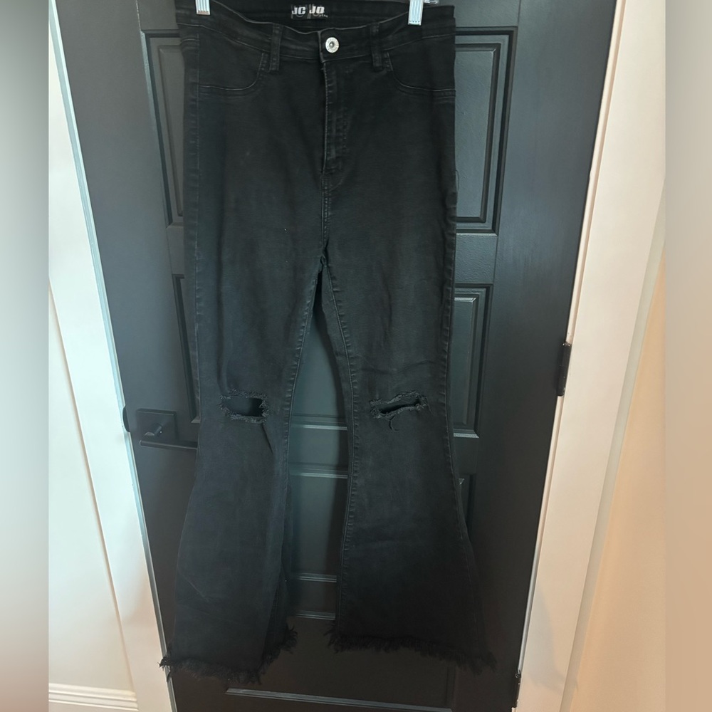 Black denim ultra high rise bell bottom distressed pants